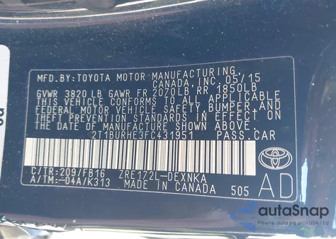 2015 Toyota Corolla Le z USA, uszkodzony, nr VIN 2T1BURHE3FC431951